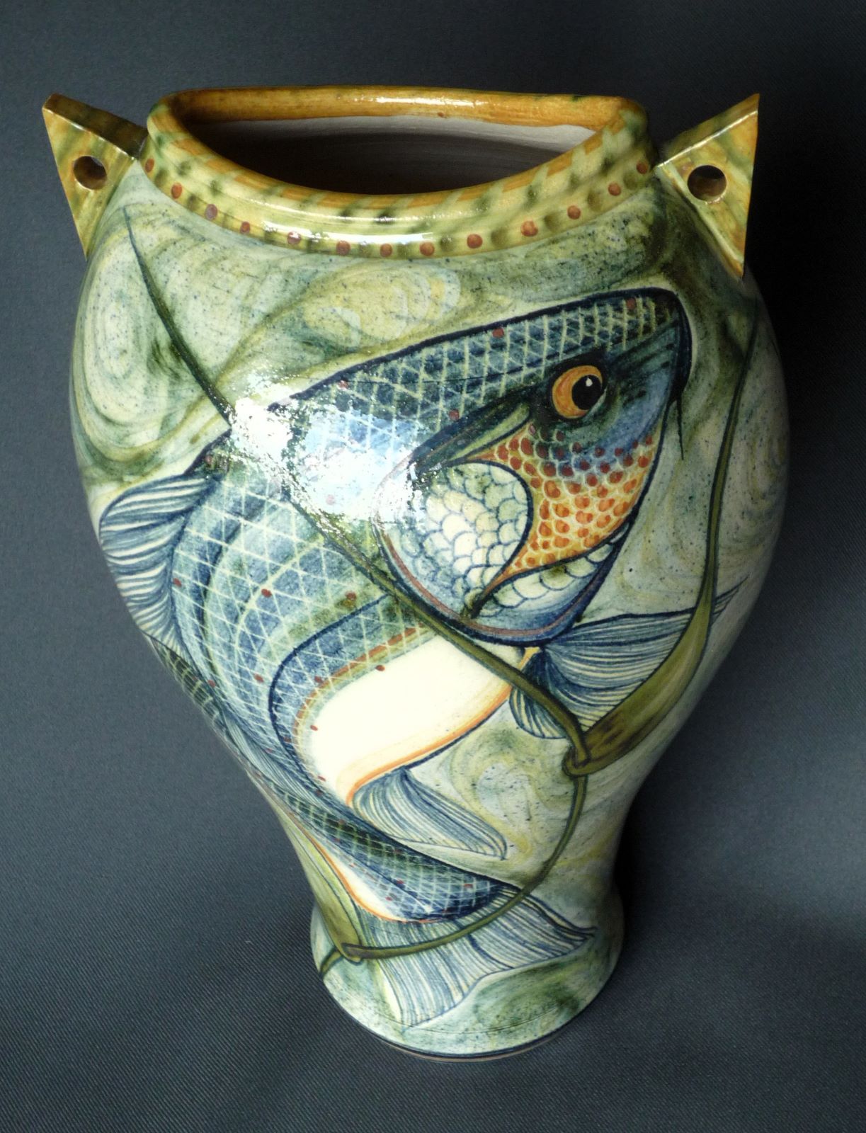 Adrian Brough Studio High Fired Lugged Fish Vase