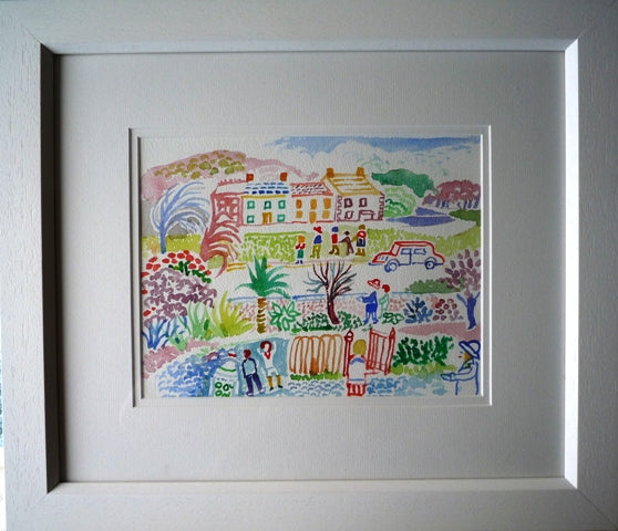 Fred Yates Figures in a Village watercolour painting
