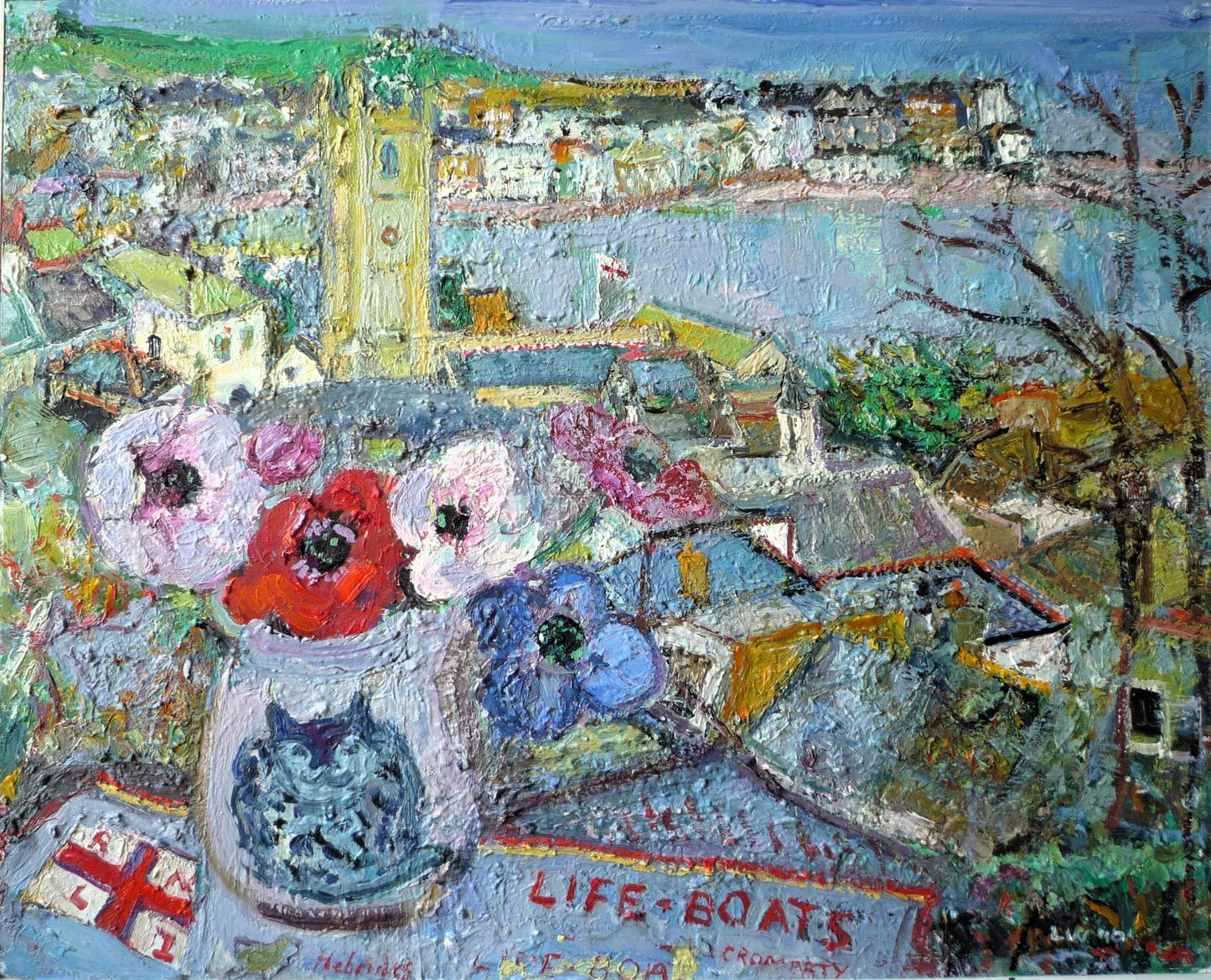 Linda Weir Anemones and Lifeboat Tea Towel oil painting