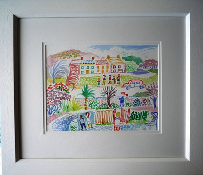 Fred Yates Figures in a Village watercolour painting
