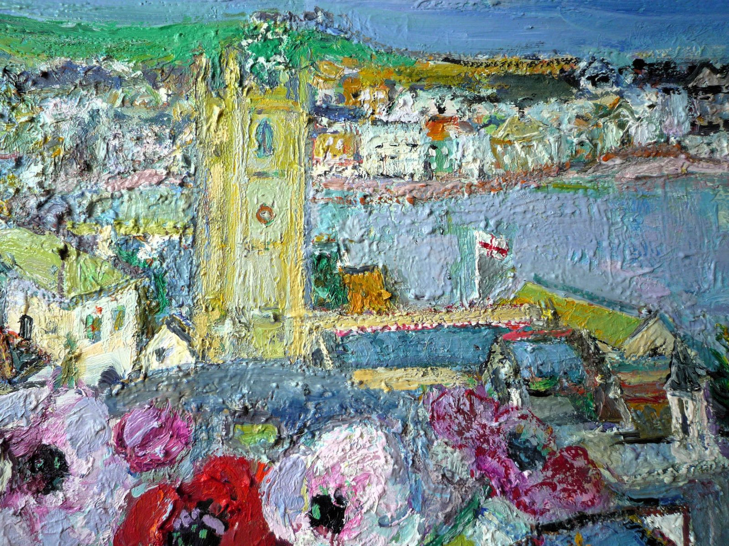 Linda Weir Anemones and Lifeboat Tea Towel oil painting