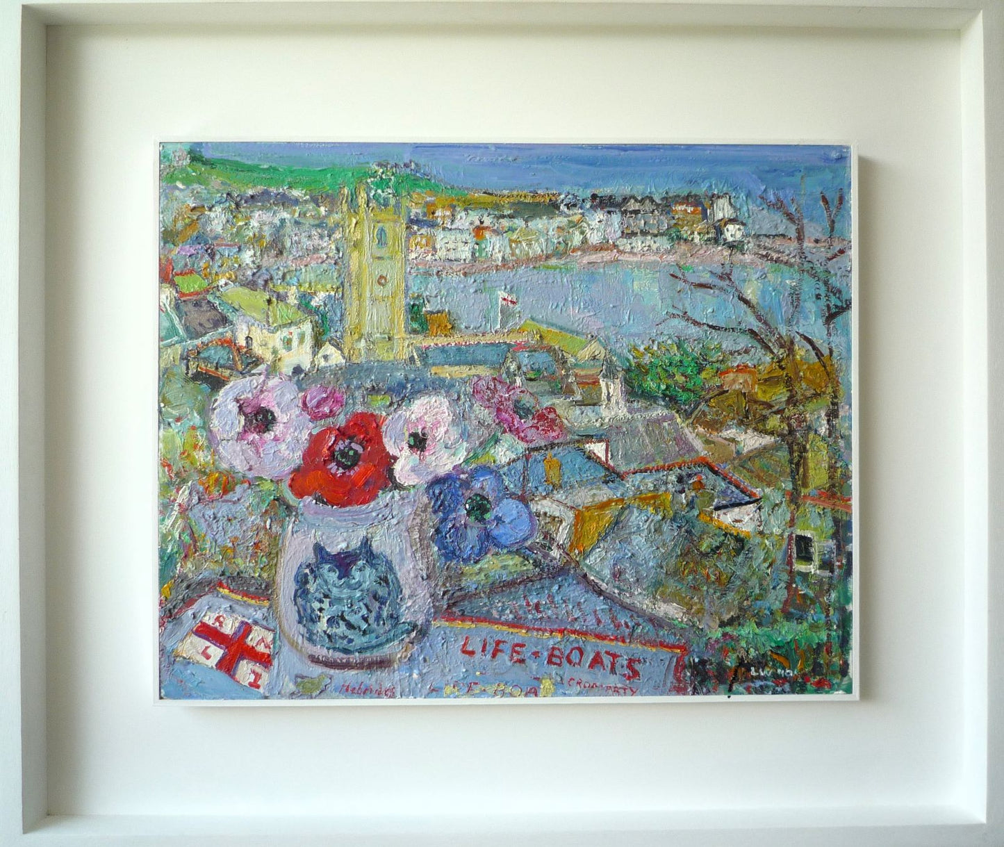 Linda Weir Anemones and Lifeboat Tea Towel oil painting