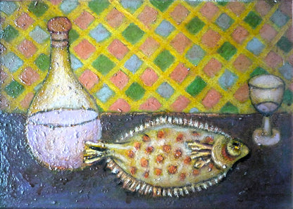 Norman Bray Modern British Still Life Claret Jug with Fish